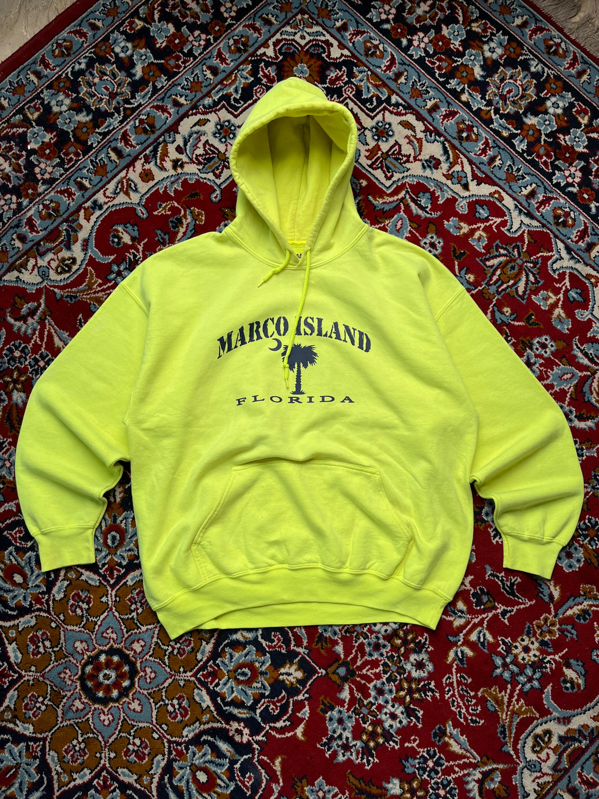 GILDAN Marco Island Florida Neon Yellow Graphic Fleece Hoodie - L
