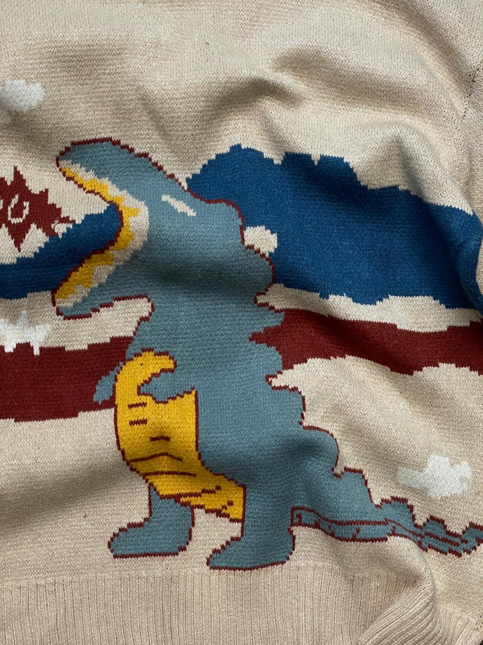 VYJ STUDIOS KNITTED RELAXED FIT DINO GRAPHIC HEAVYWEIGHT SWEATER