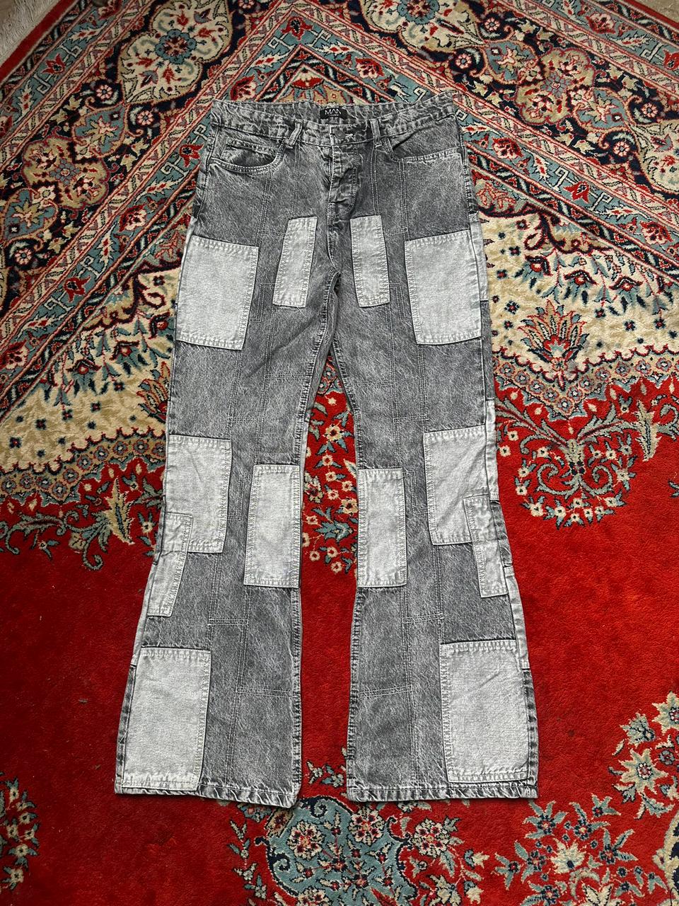 BOOHOO MAN GREY PATCHED RELAXED FIT PANTS