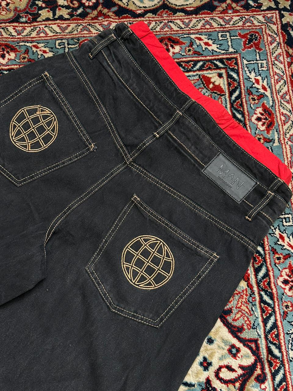 BOOHOO MAN Blackish Indigo Embroidered BAGGY PANTS