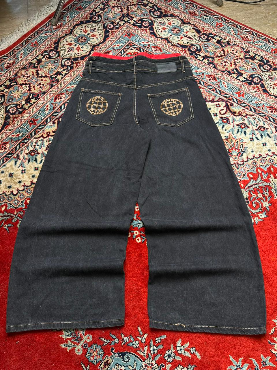 BOOHOO MAN Blackish Indigo Embroidered BAGGY PANTS