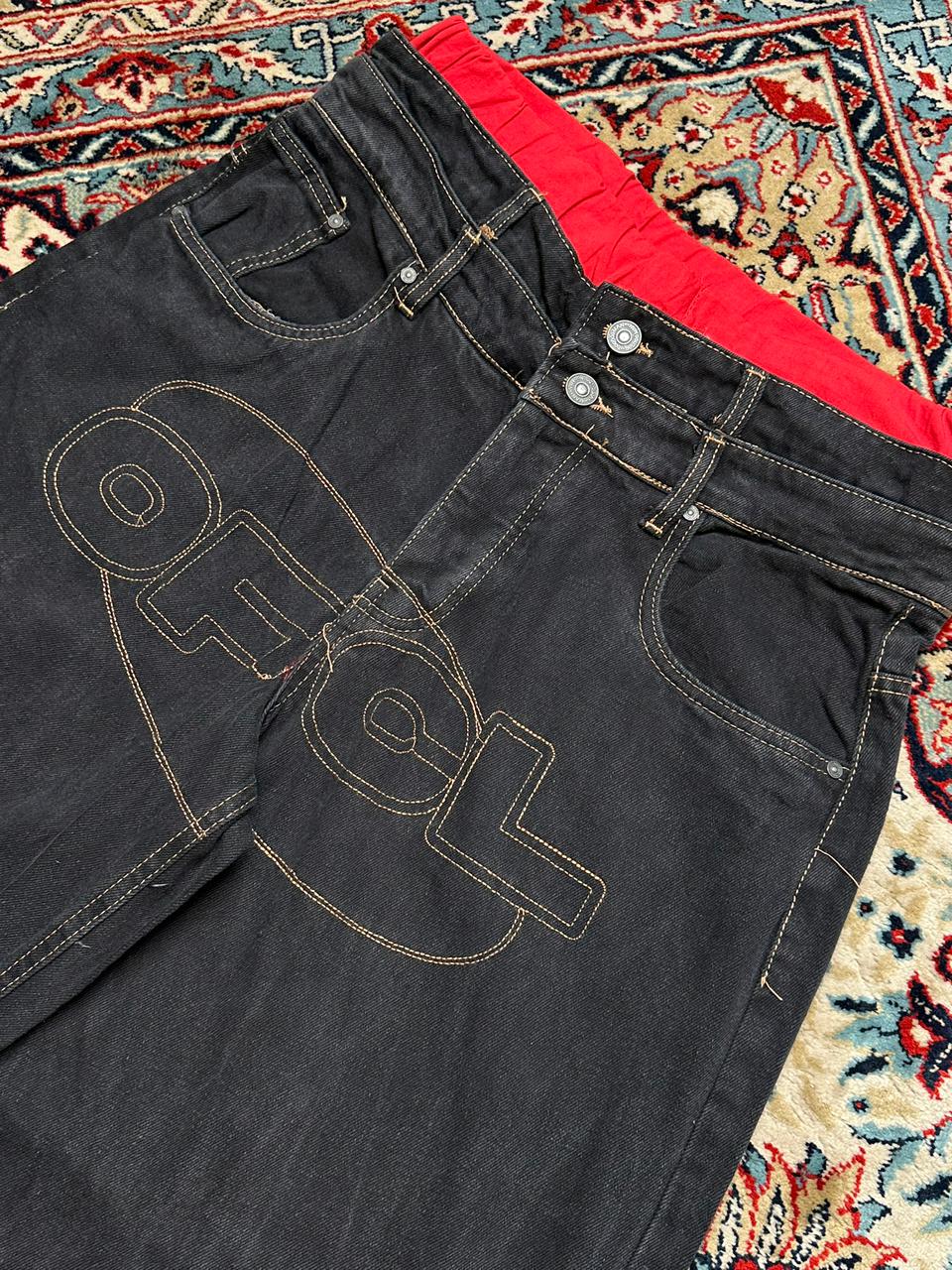 BOOHOO MAN Blackish Indigo Embroidered BAGGY PANTS