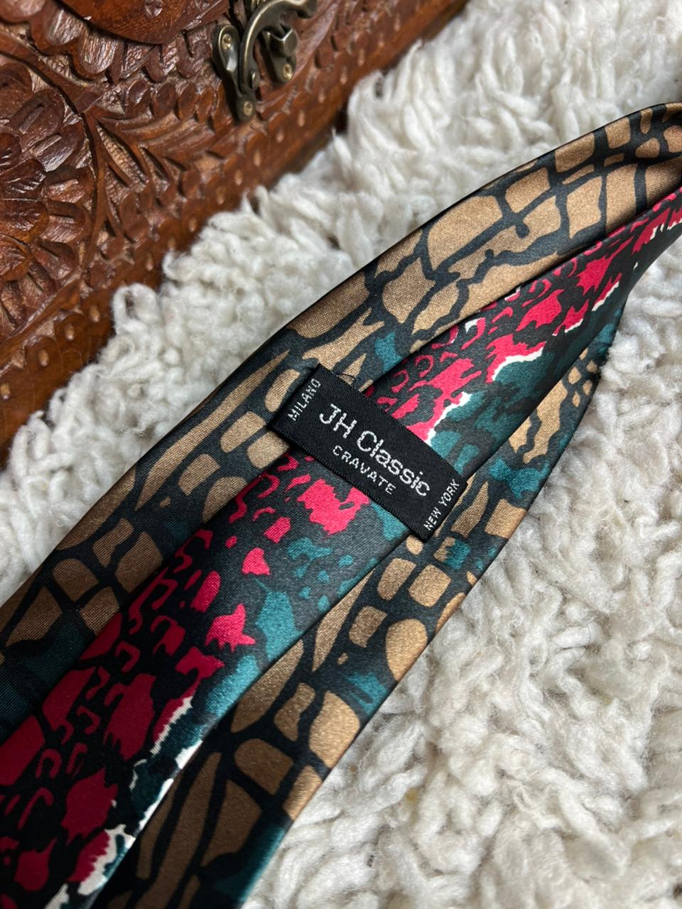 JH Classic Milano Abstract Earth Tone & Magenta Mosaic Necktie