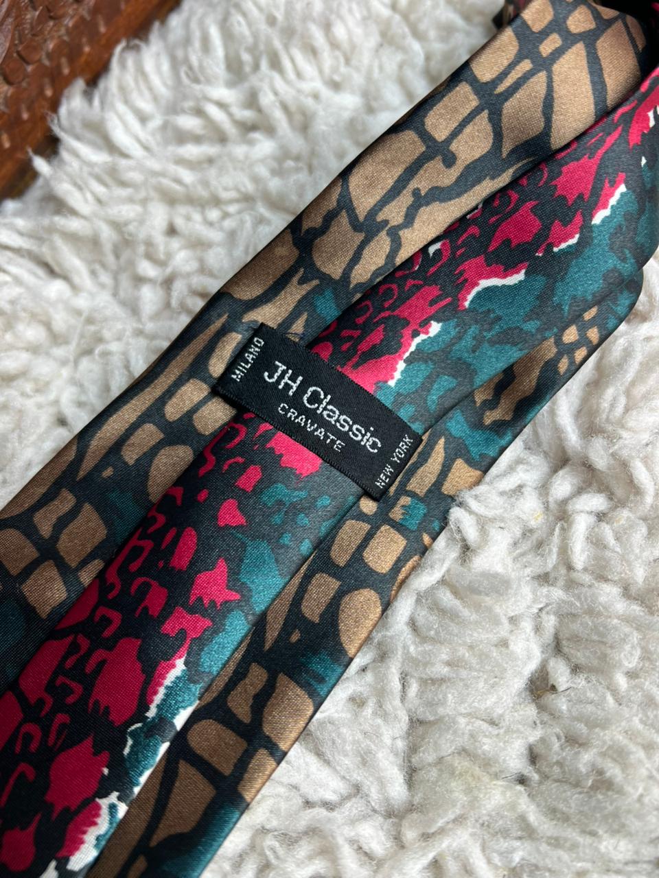 JH Classic Milano Abstract Earth Tone & Magenta Mosaic Necktie