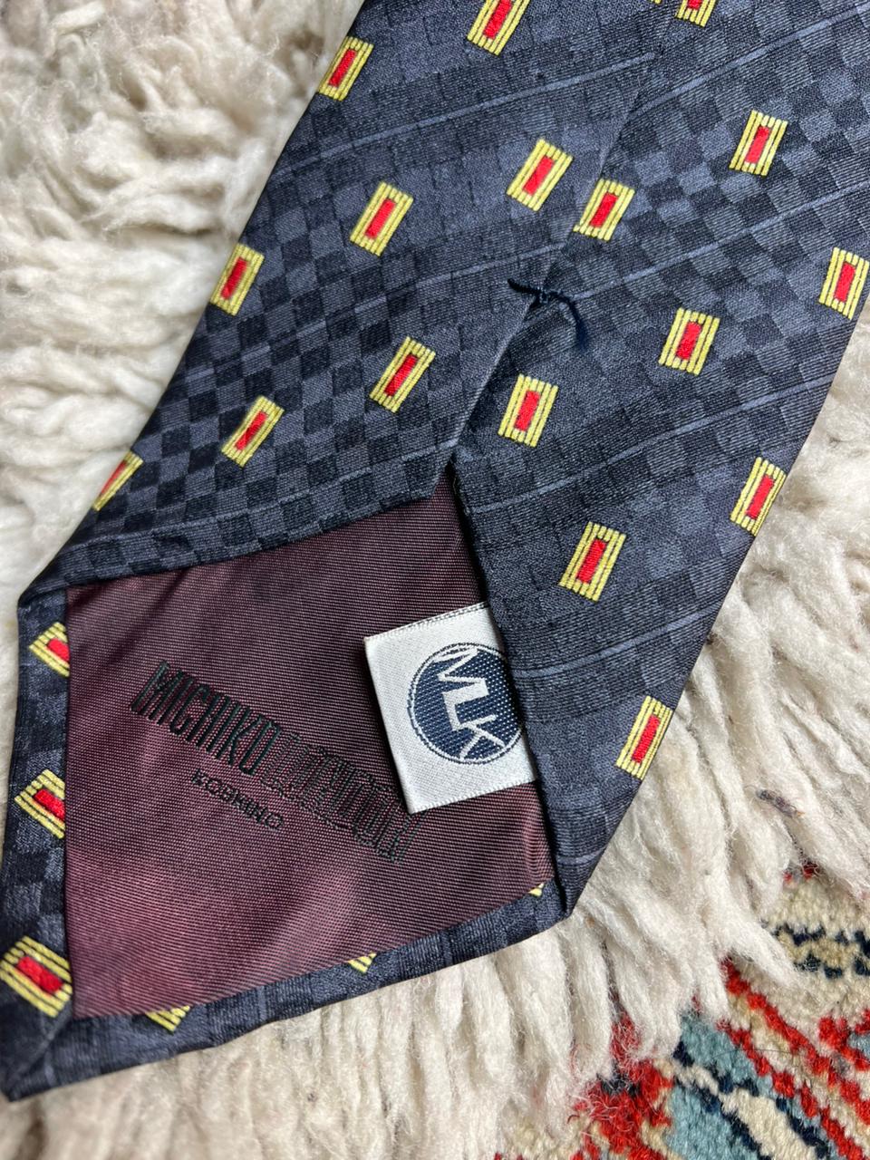 Michiko London Koshino Charcoal Checkerboard Geometric Silk-Look Necktie