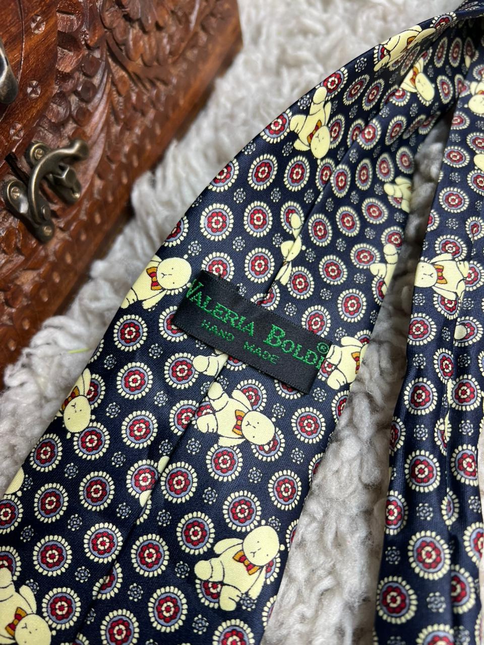 Valeria Boldi Hand Made Navy Silk Tie - Teddy Bear & Medallion Print