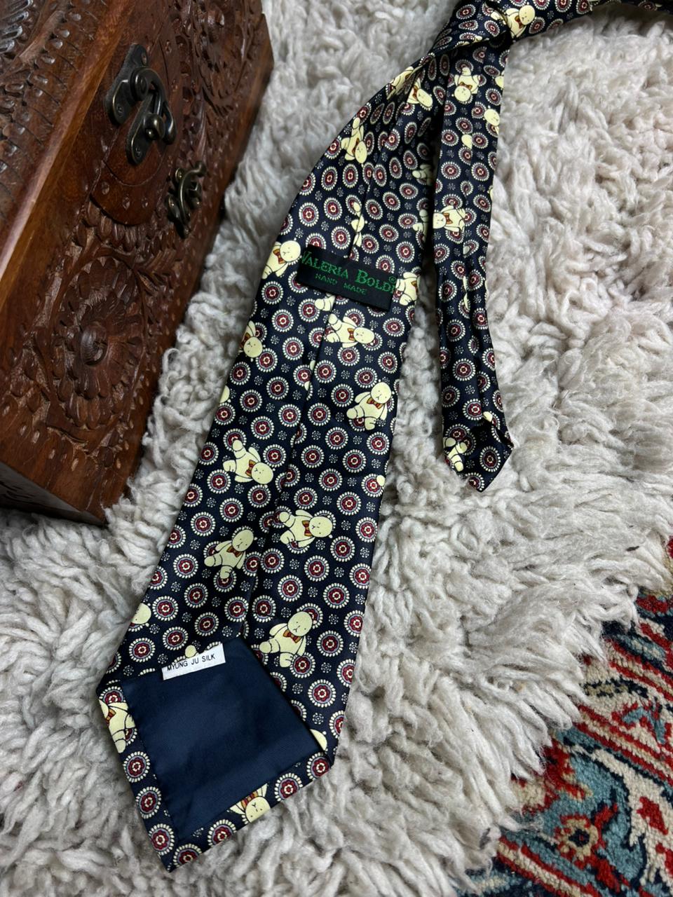 Valeria Boldi Hand Made Navy Silk Tie - Teddy Bear & Medallion Print