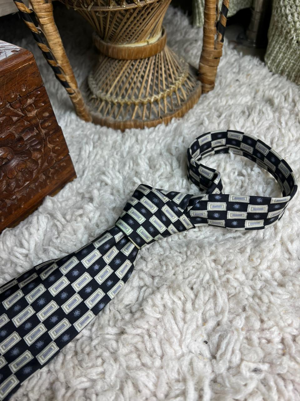Vintage Debenhams Black and Gold Geometric Rectangle Silk Tie