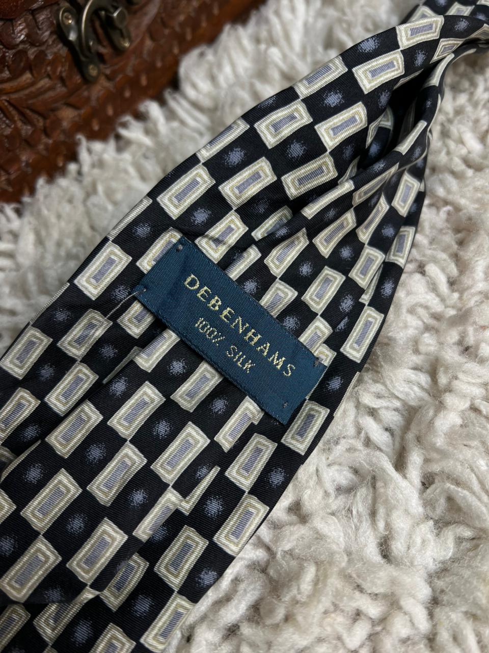 Vintage Debenhams Black and Gold Geometric Rectangle Silk Tie