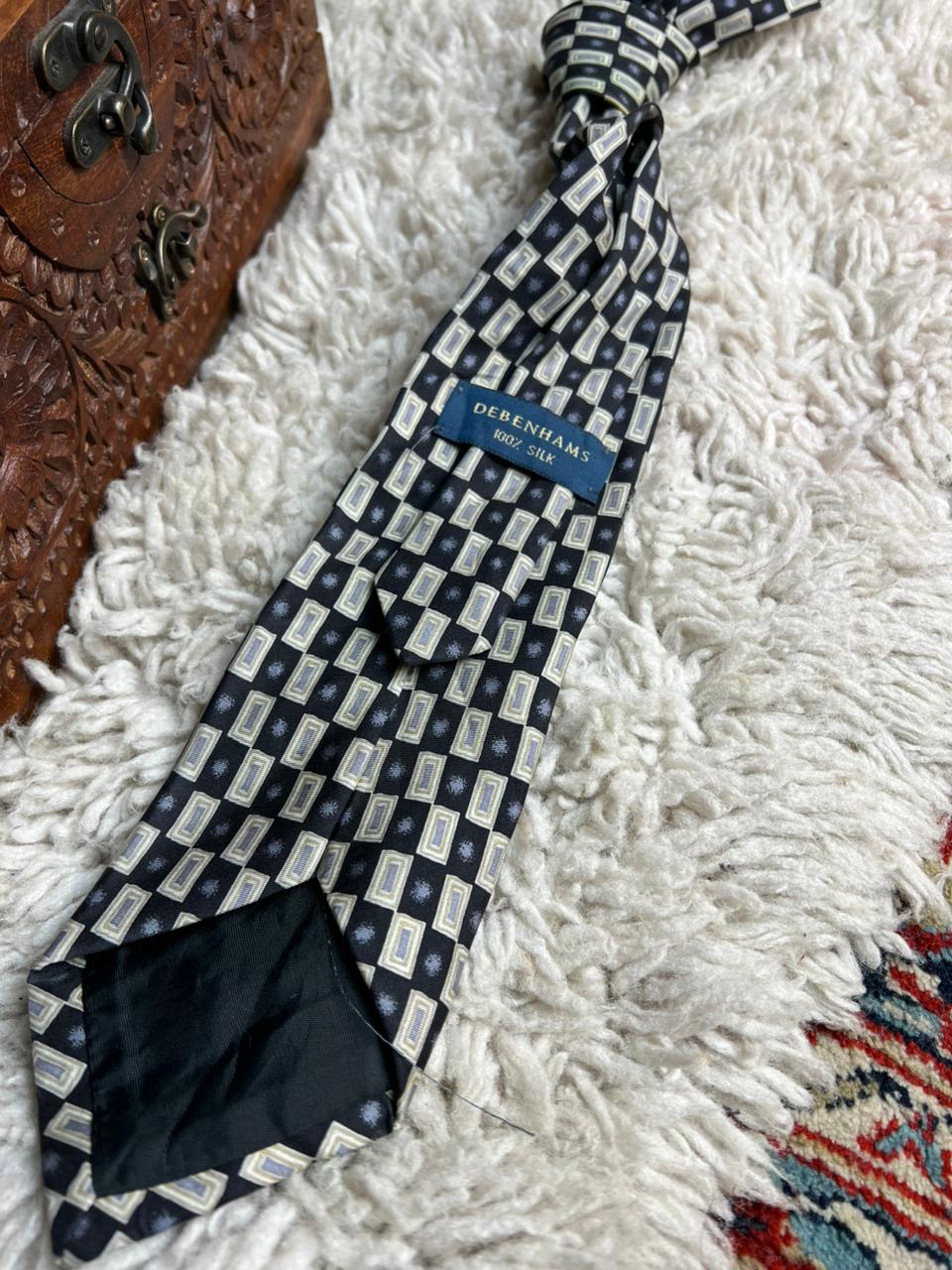 Vintage Debenhams Black and Gold Geometric Rectangle Silk Tie