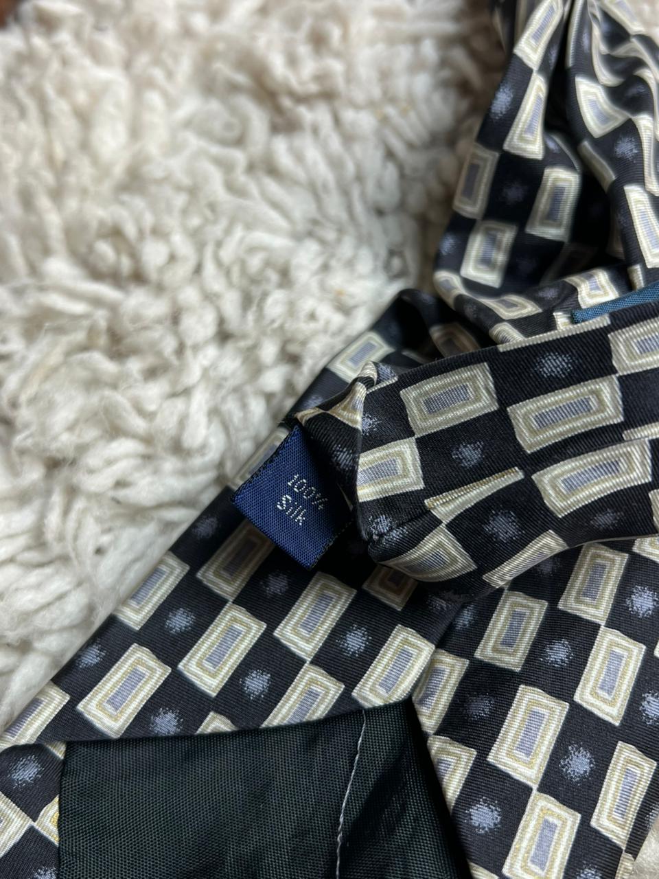 Vintage Debenhams Black and Gold Geometric Rectangle Silk Tie