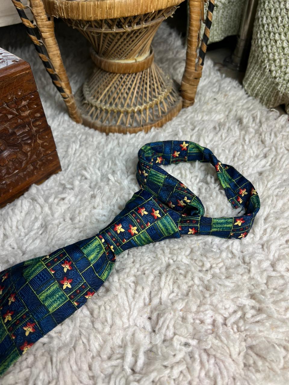 Vintage Montagu Blue and Green Patchwork Floral Tie