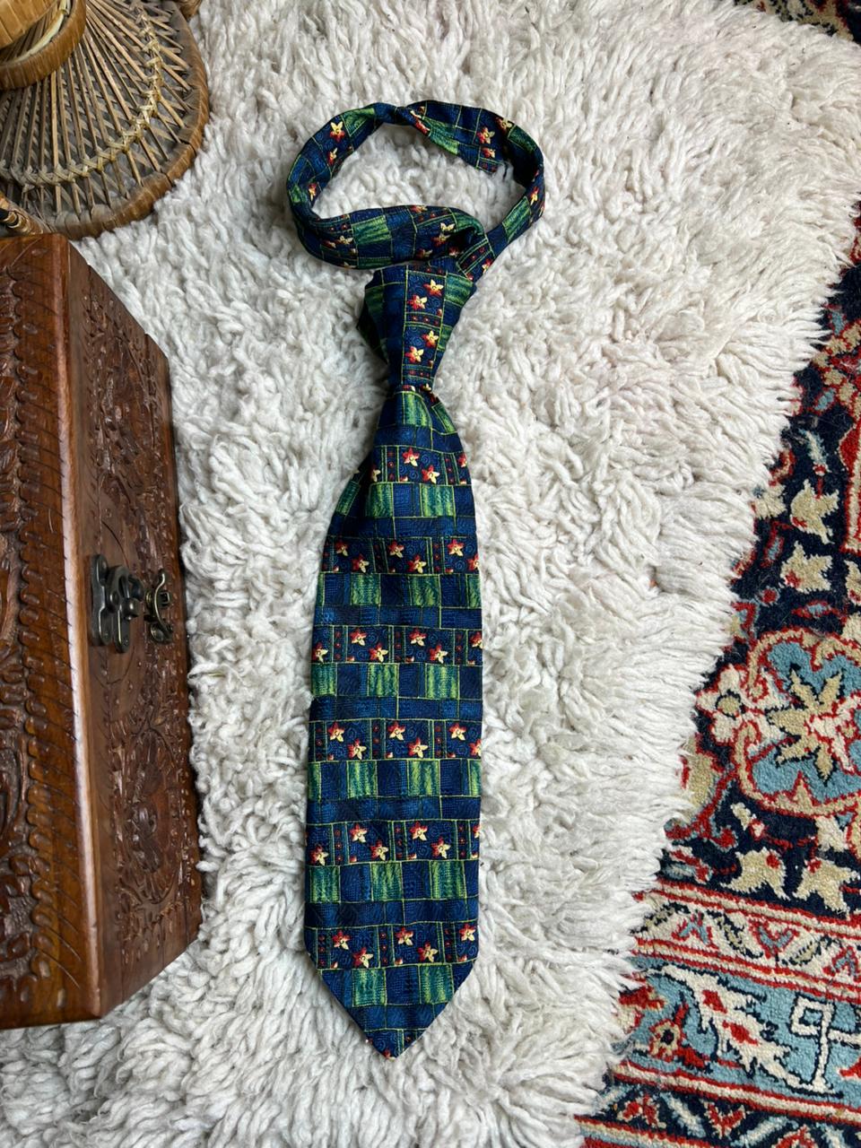 Vintage Montagu Blue and Green Patchwork Floral Tie