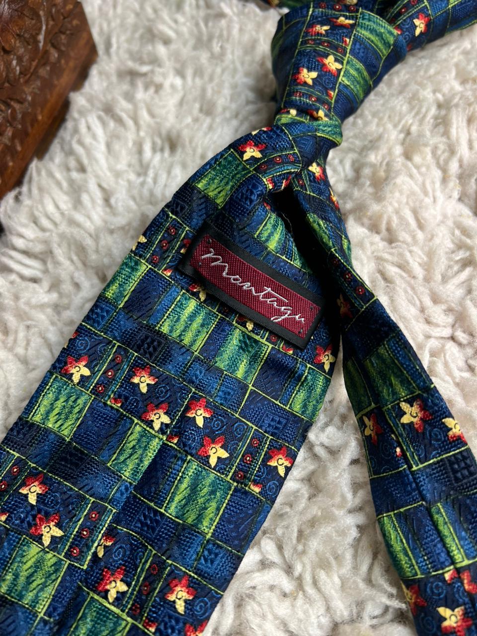 Vintage Montagu Blue and Green Patchwork Floral Tie