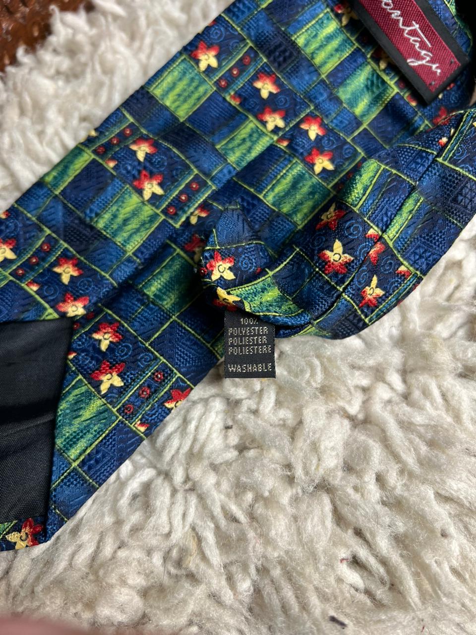 Vintage Montagu Blue and Green Patchwork Floral Tie