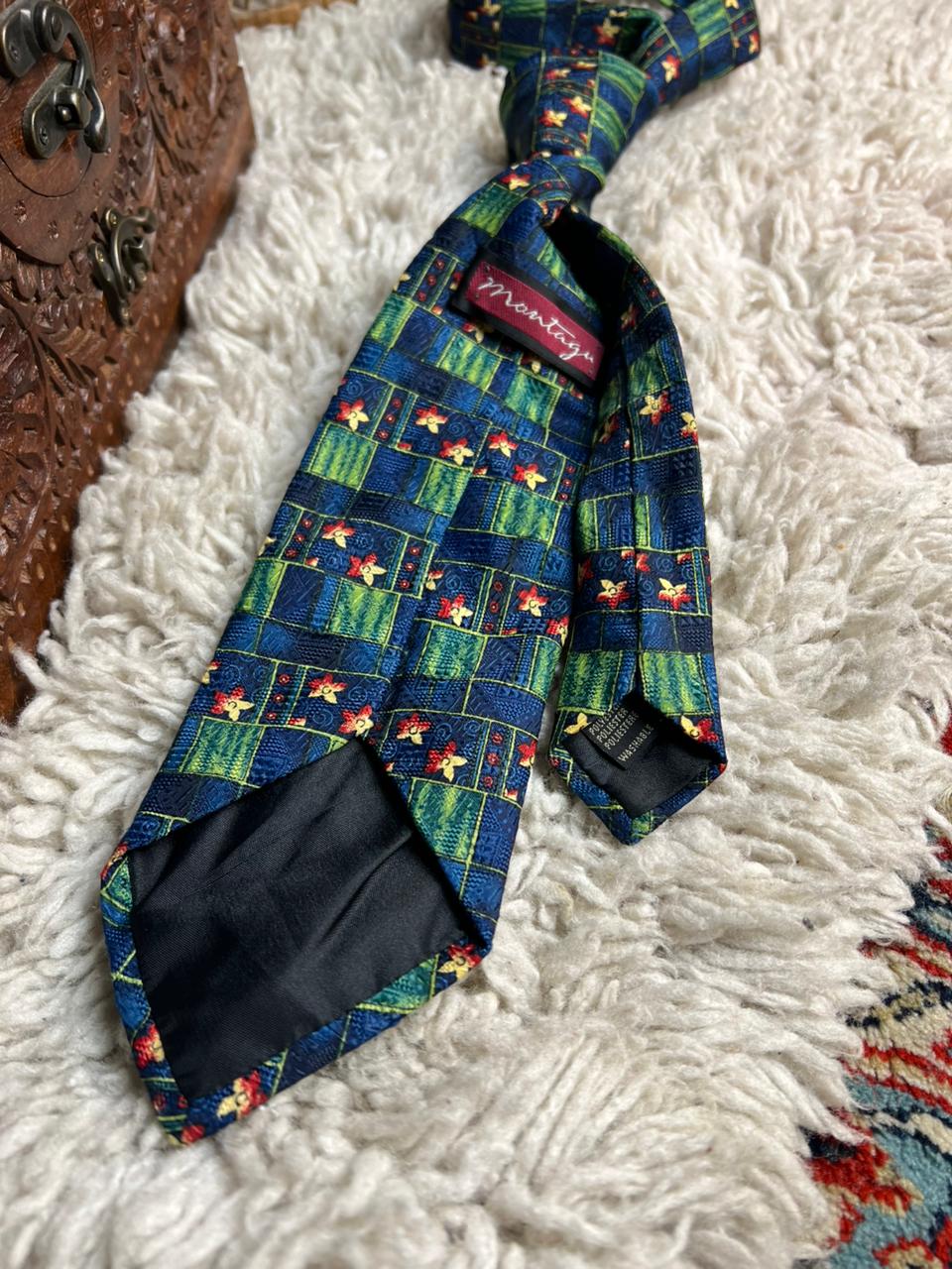 Vintage Montagu Blue and Green Patchwork Floral Tie
