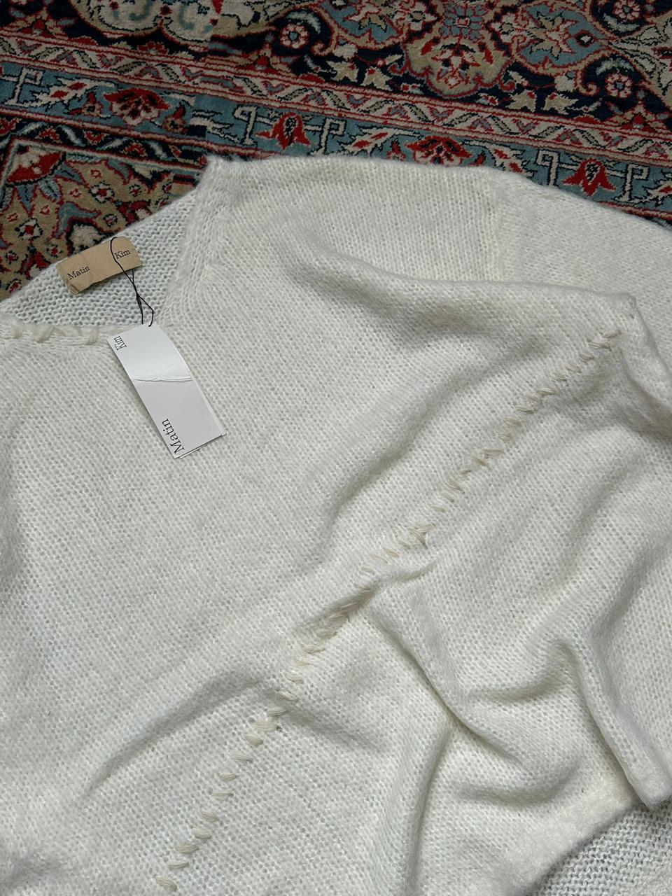 Matin Kim White Fuzzy Knit Distressed V-Neck Sweater