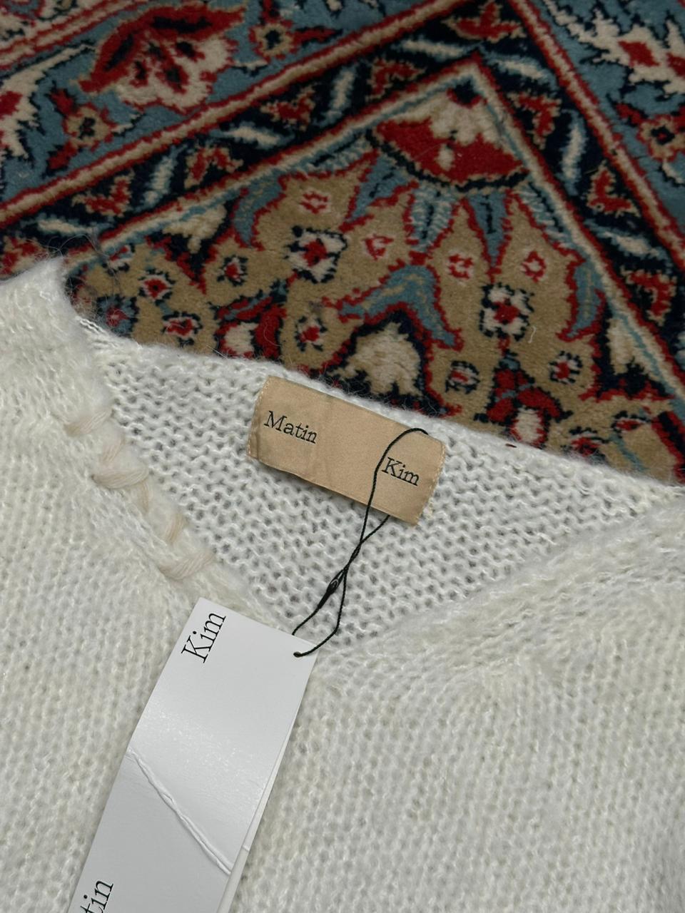 Matin Kim White Fuzzy Knit Distressed V-Neck Sweater