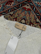Matin Kim White Fuzzy Knit Distressed V-Neck Sweater