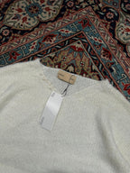 Matin Kim White Fuzzy Knit Distressed V-Neck Sweater