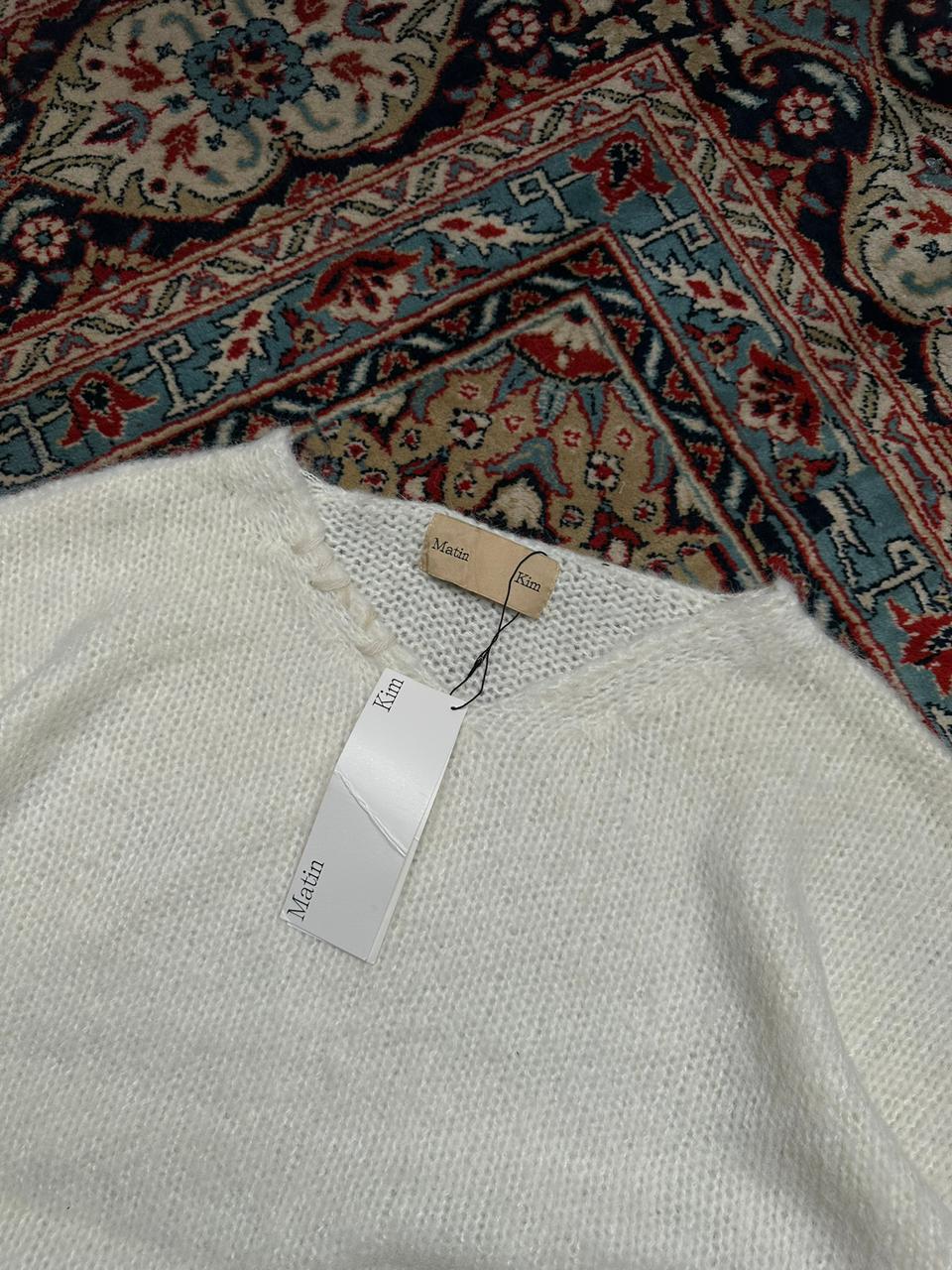 Matin Kim White Fuzzy Knit Distressed V-Neck Sweater