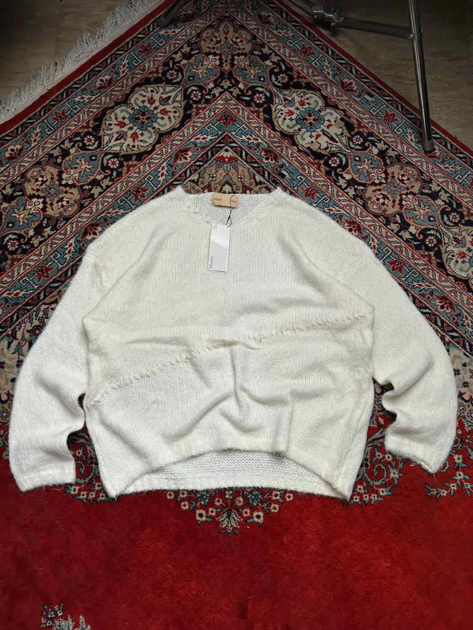 Matin Kim White Fuzzy Knit Distressed V-Neck Sweater