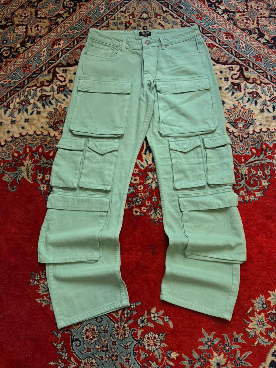 boohooMAN Sage Green Multi Pocket Cargo Pants