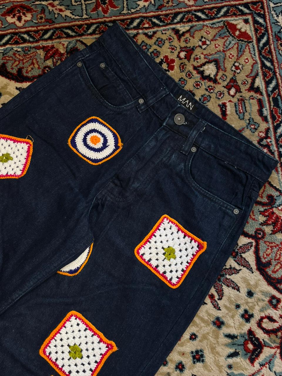 boohooMAN Crochet Patchwork Relaxed Fit Jeans - 28