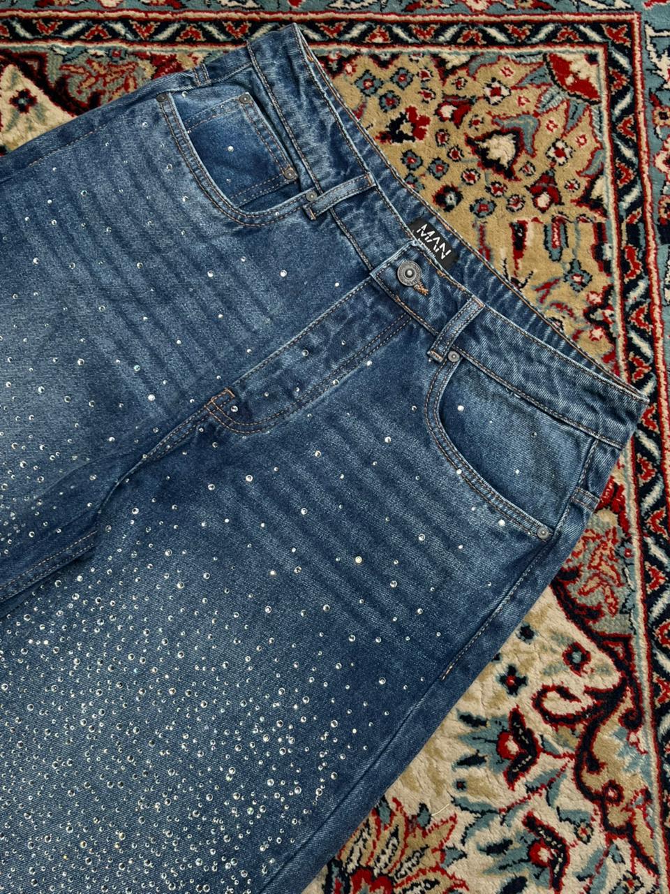 boohooMAN Rhinestone Studded Relaxed Fit Jeans