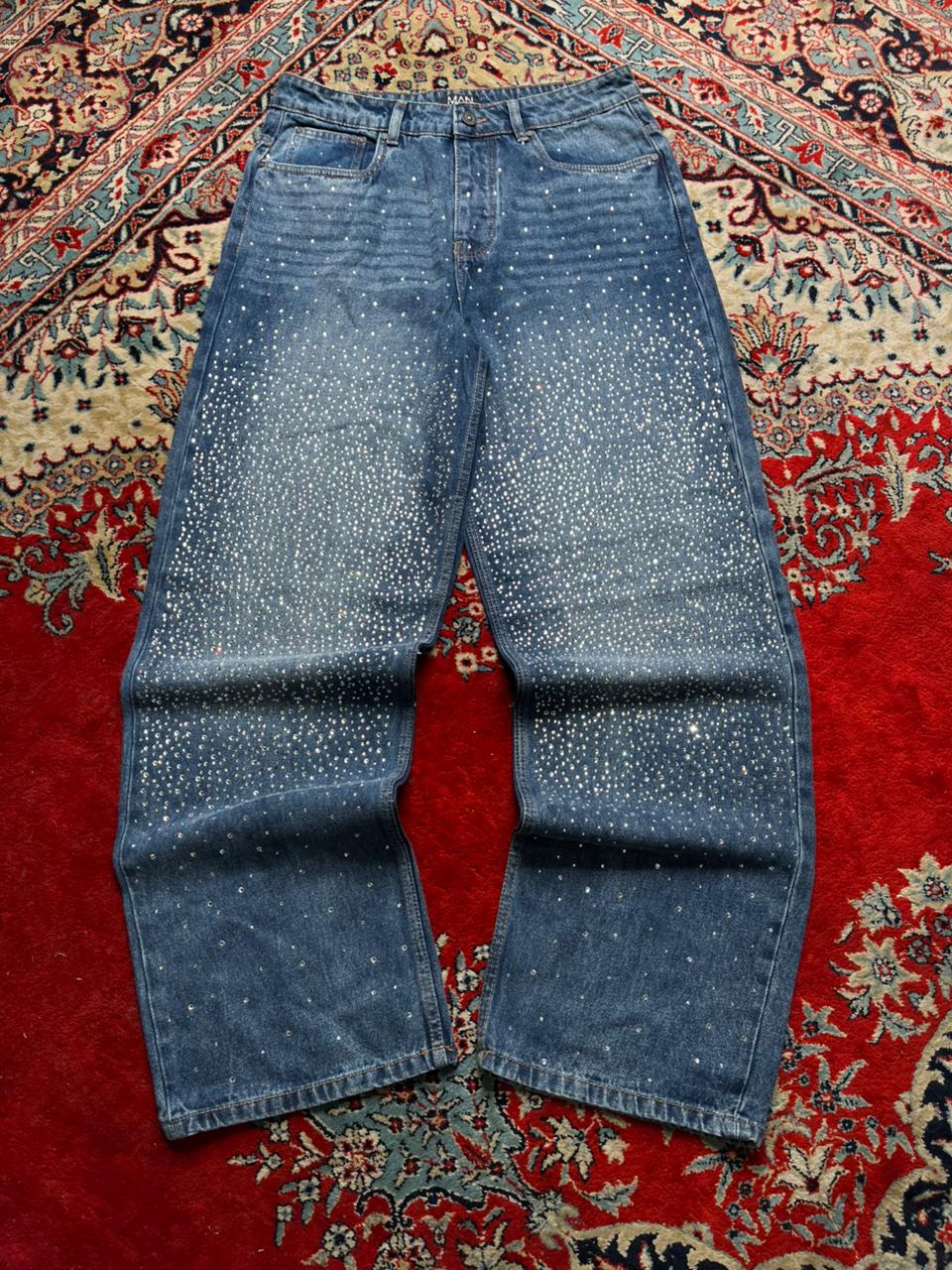 boohooMAN Rhinestone Studded Relaxed Fit Jeans