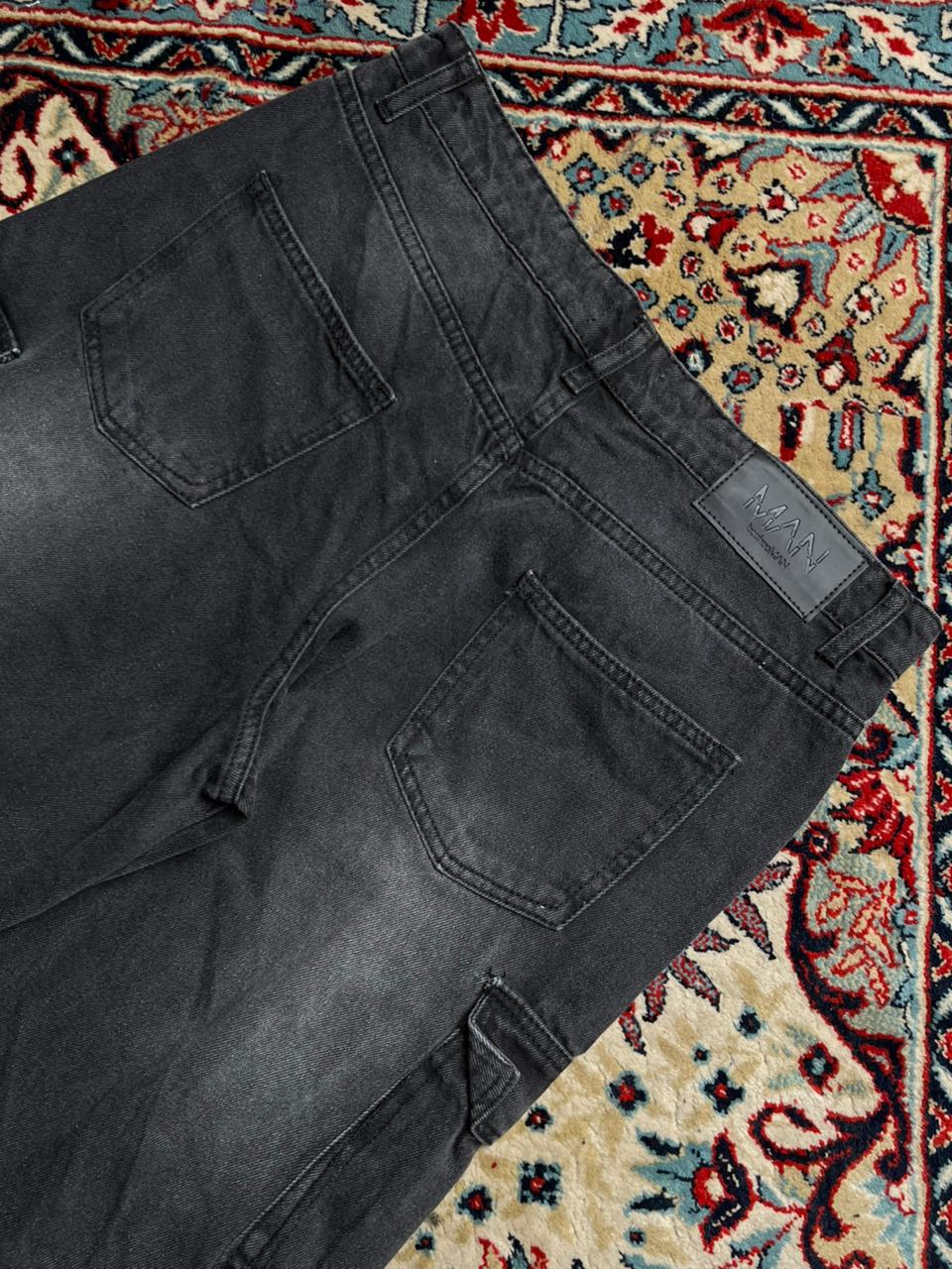 boohooMAN Washed Black Wide Leg Cargo Pants