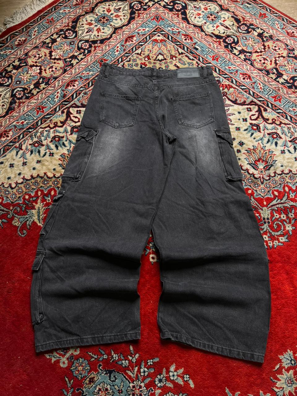 boohooMAN Washed Black Wide Leg Cargo Pants