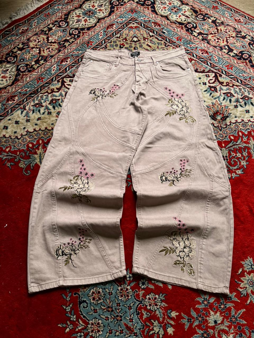 boohooMAN Baggy Floral Embroidered Jeans