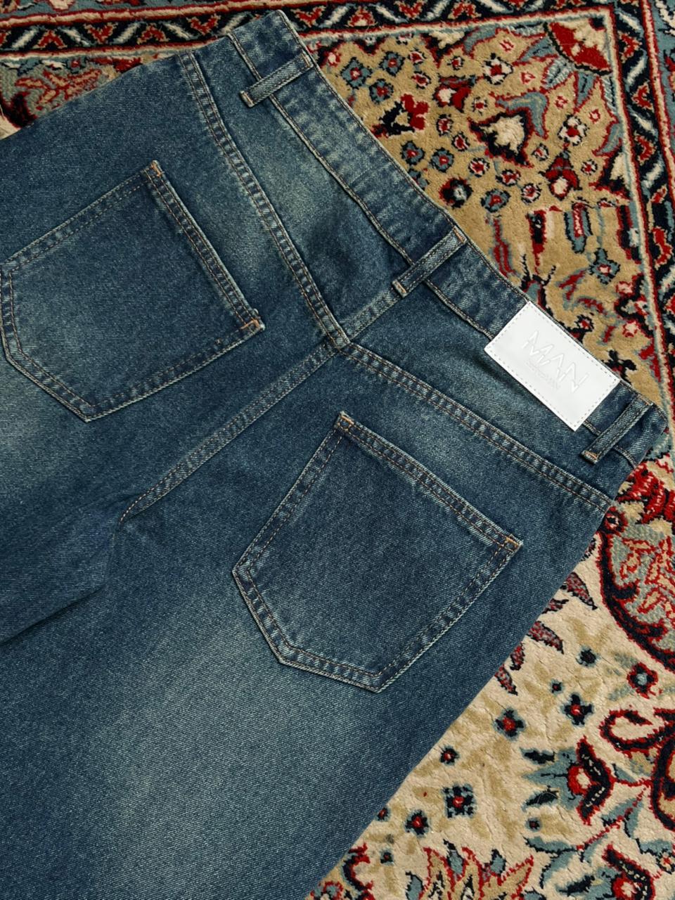 boohooMAN Patched Baggy Blue Jeans