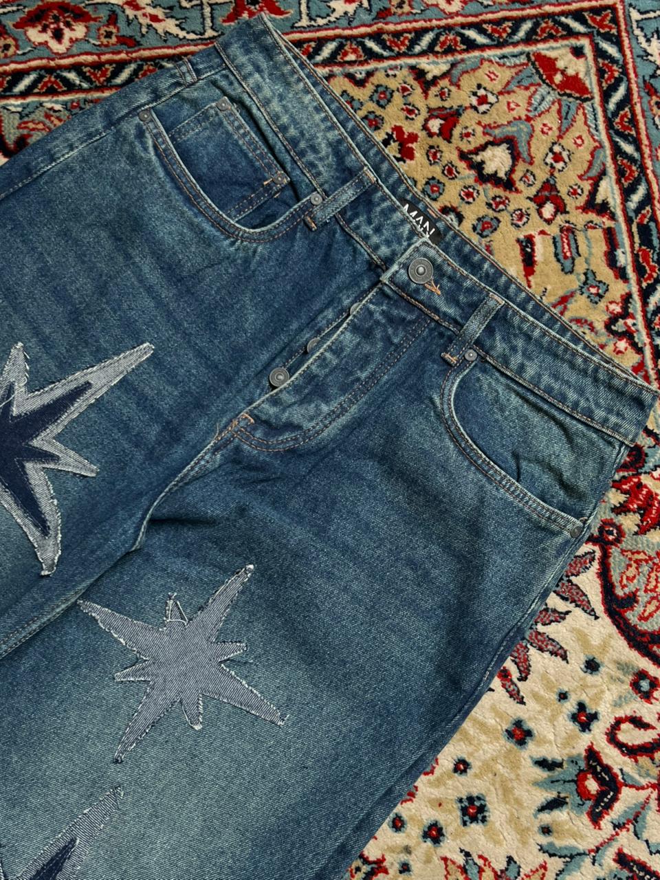 boohooMAN Patched Baggy Blue Jeans