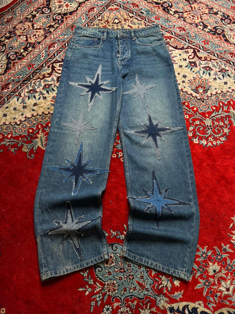 boohooMAN Patched Baggy Blue Jeans
