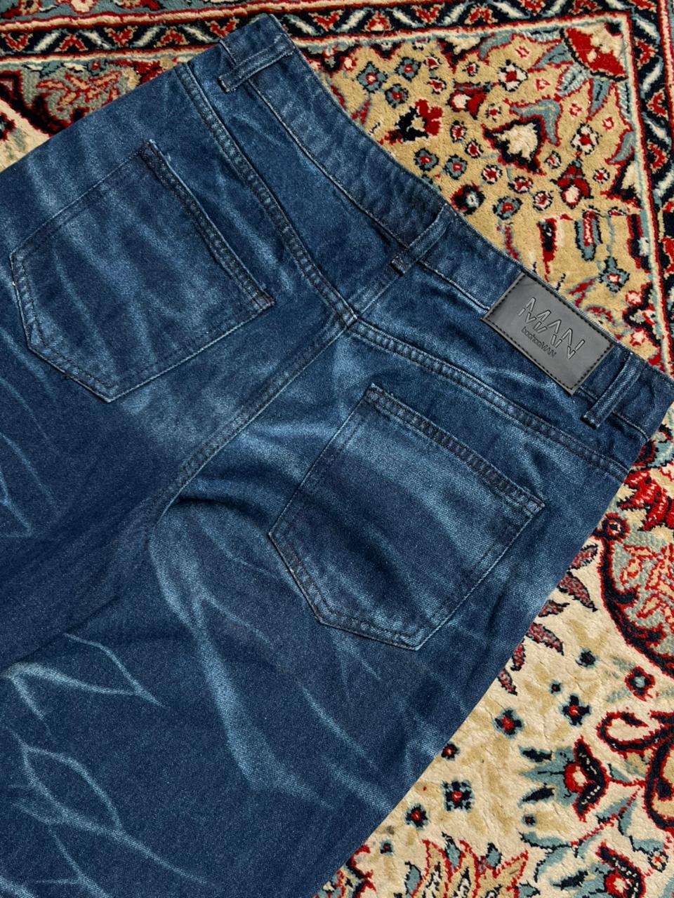 boohooMAN Straight Blue Jeans Graphic Patch Cross Embroidered