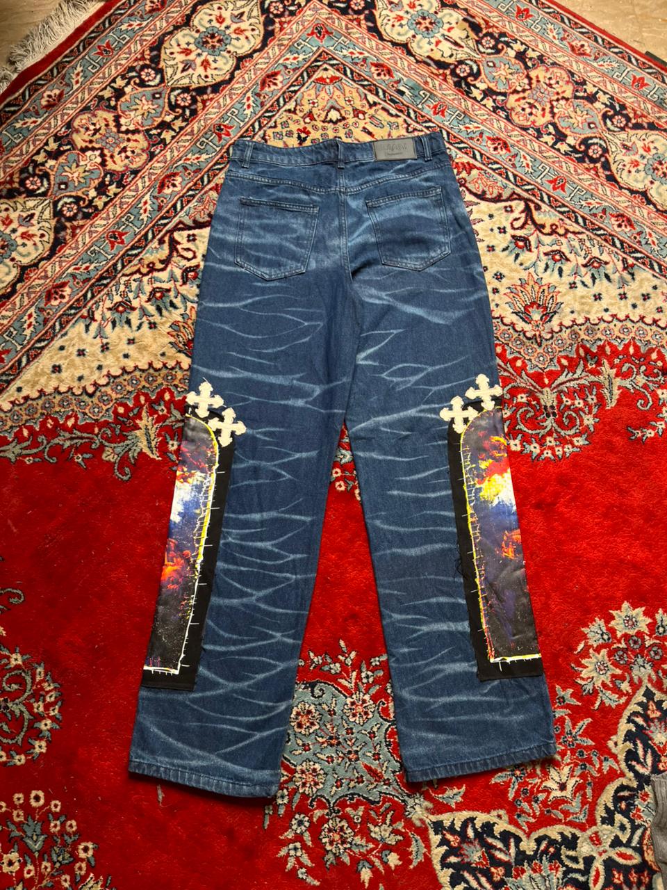 boohooMAN Straight Blue Jeans Graphic Patch Cross Embroidered