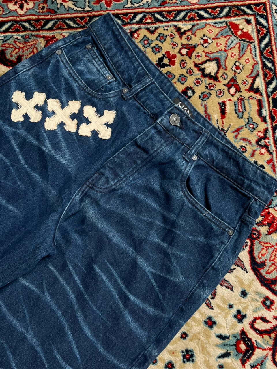 boohooMAN Straight Blue Jeans Graphic Patch Cross Embroidered