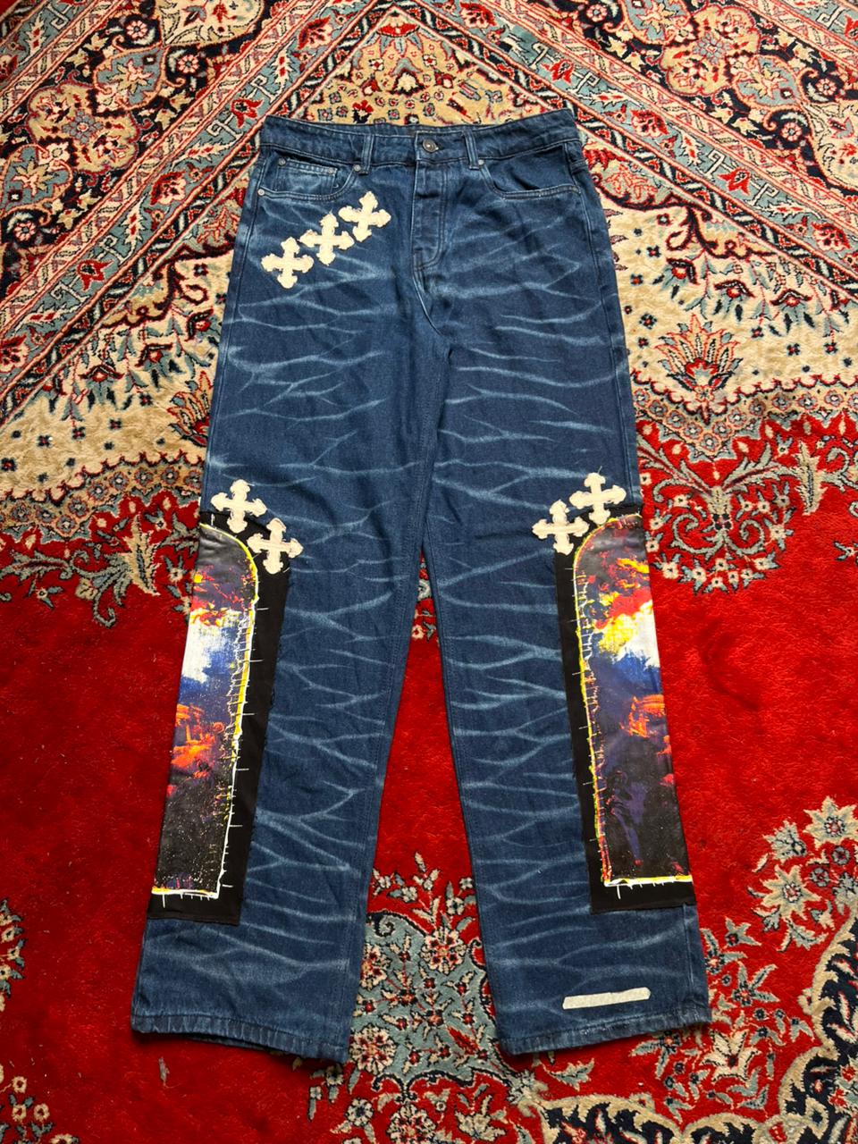 boohooMAN Straight Blue Jeans Graphic Patch Cross Embroidered