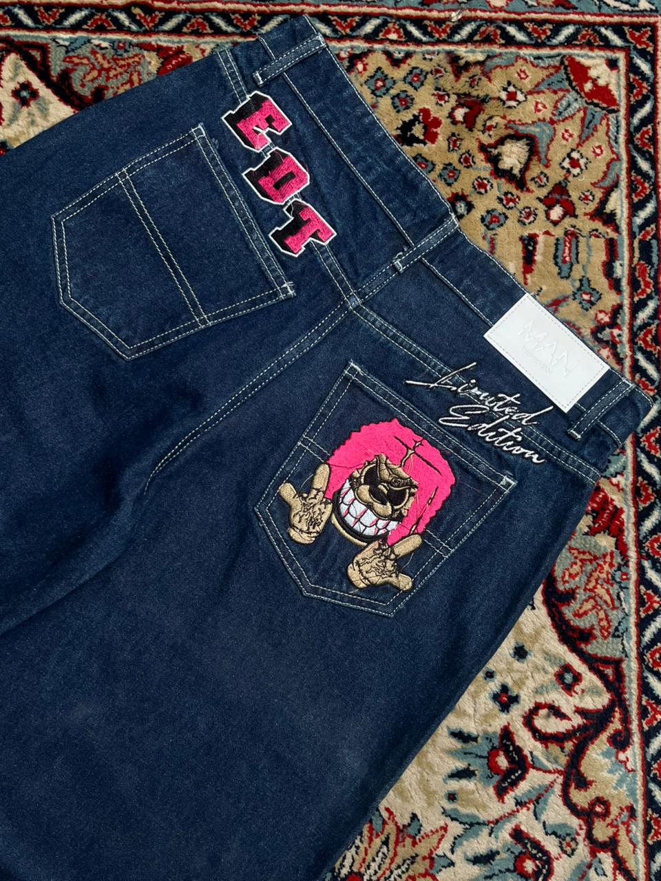 boohooMAN Embroidered Cartoon Baggy Pants