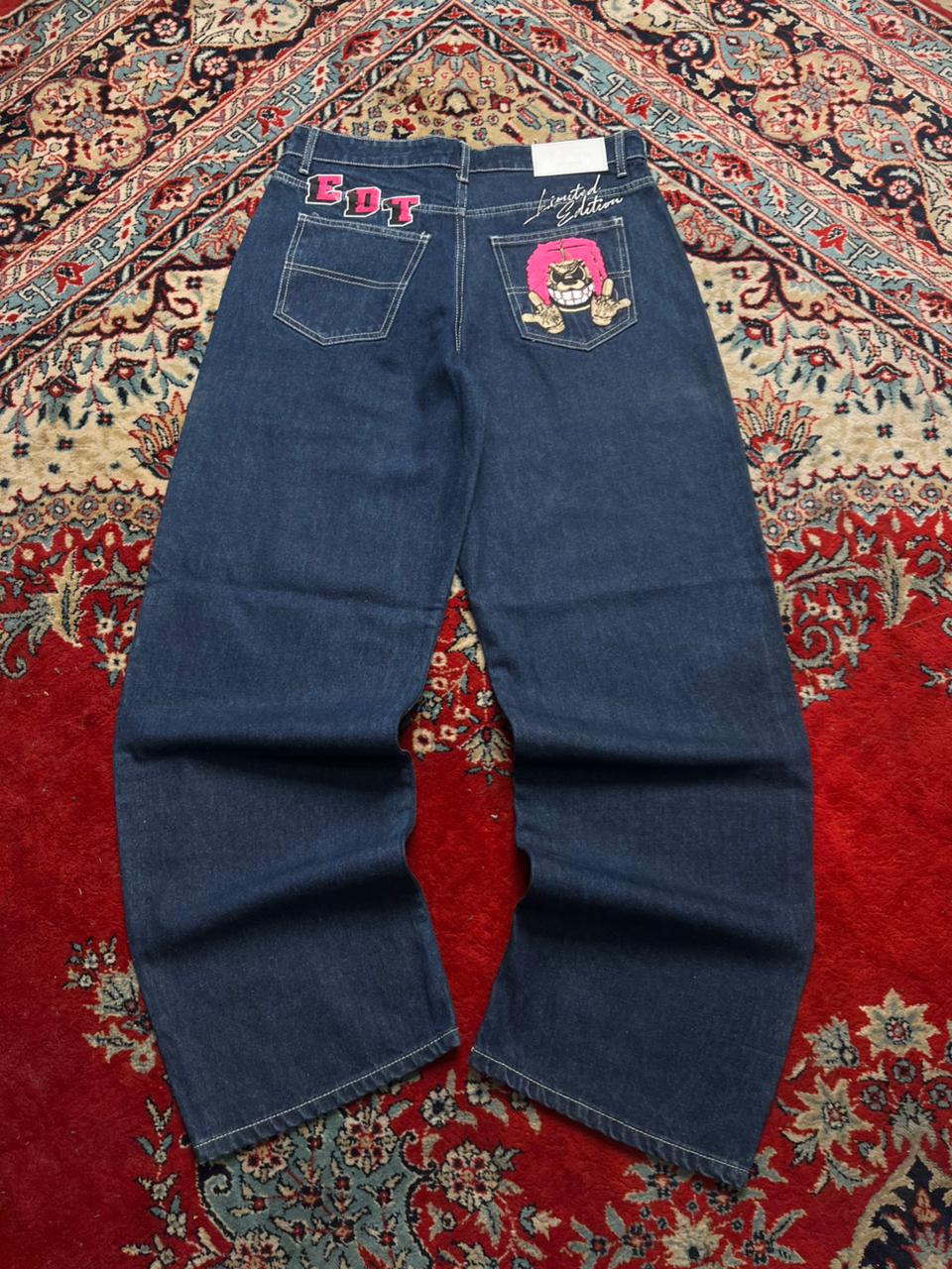 boohooMAN Embroidered Cartoon Baggy Pants