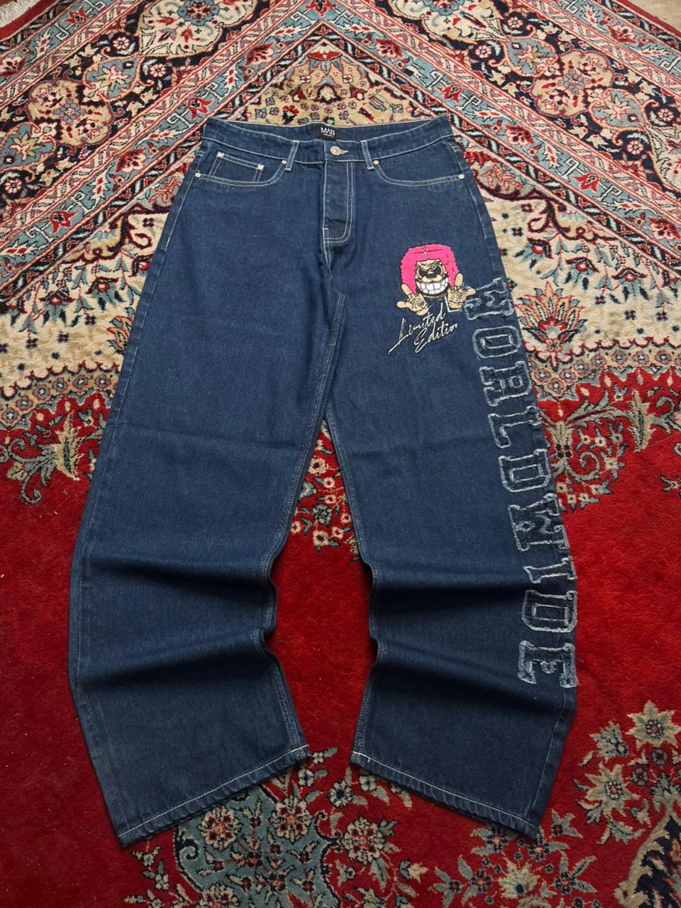 boohooMAN Embroidered Cartoon Baggy Pants