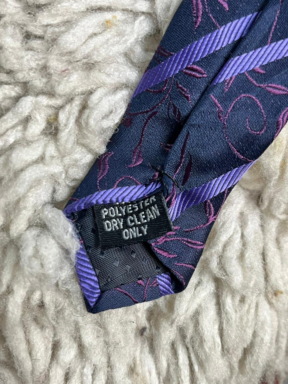 Mens Silk-Look Navy Blue Purple Striped Tie Floral Filigree Paisley Polyester