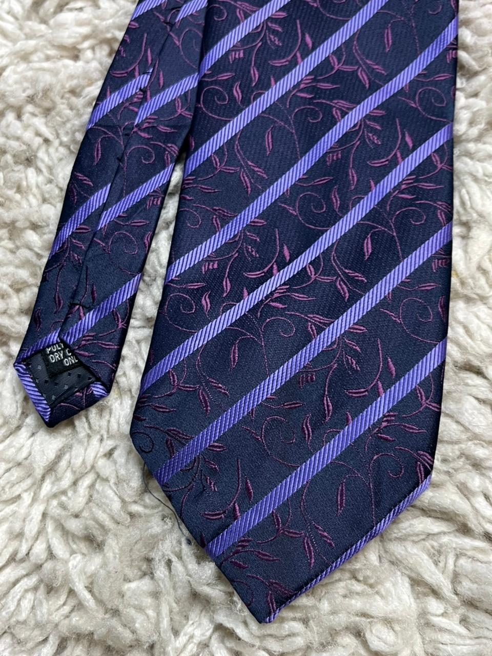 Mens Silk-Look Navy Blue Purple Striped Tie Floral Filigree Paisley Polyester