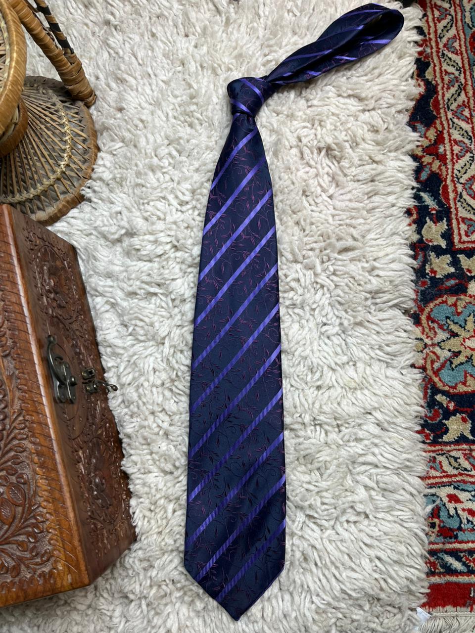 Mens Silk-Look Navy Blue Purple Striped Tie Floral Filigree Paisley Polyester
