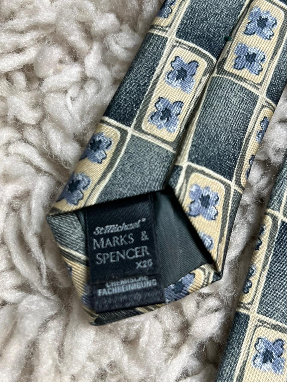 Marks & Spencer St Michael Pure Silk Tie Green Grey Geometric Floral Square