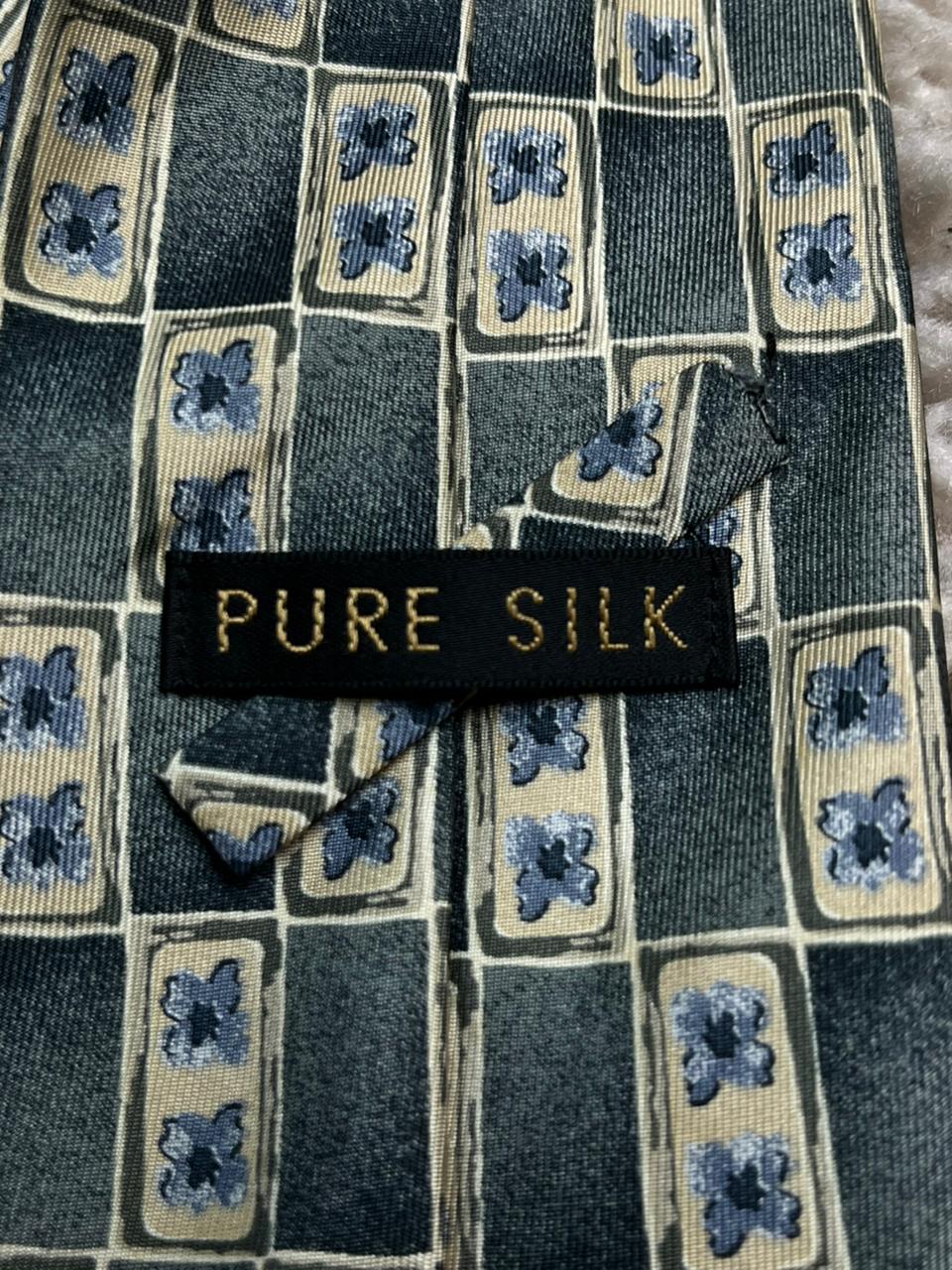 Marks & Spencer St Michael Pure Silk Tie Green Grey Geometric Floral Square