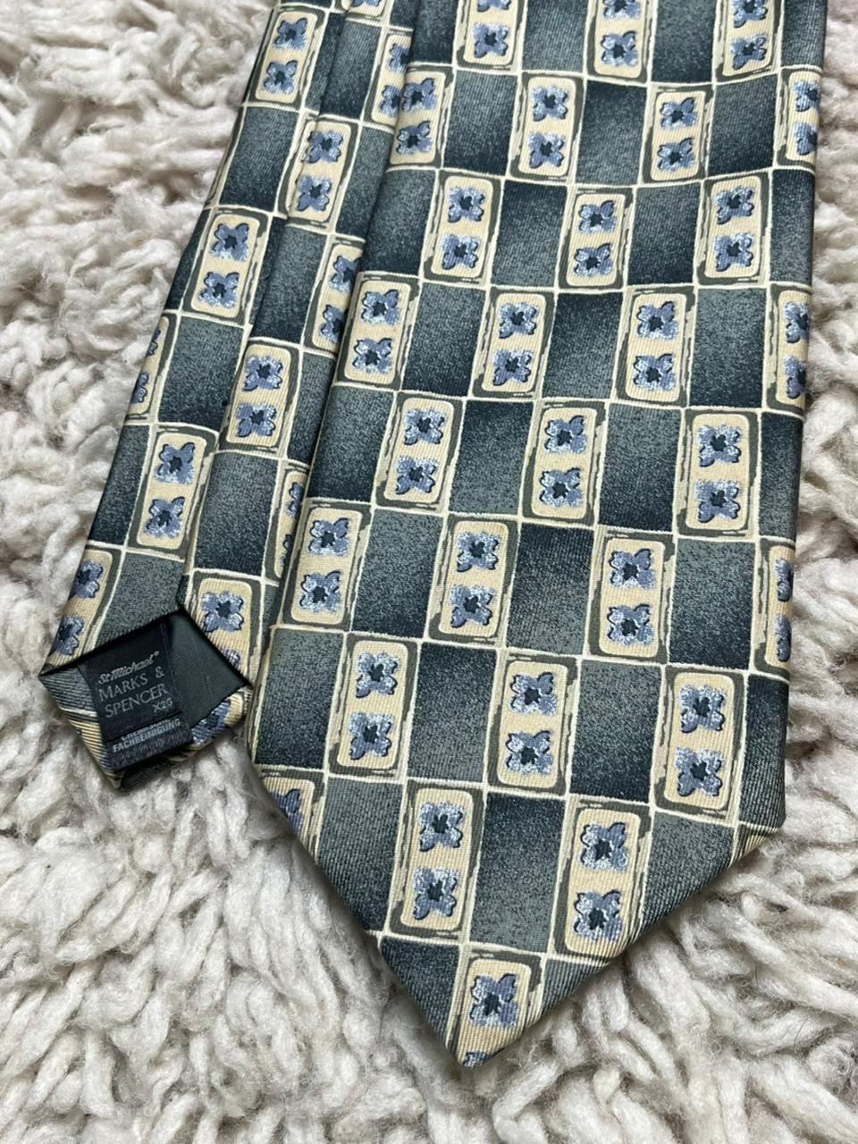 Marks & Spencer St Michael Pure Silk Tie Green Grey Geometric Floral Square