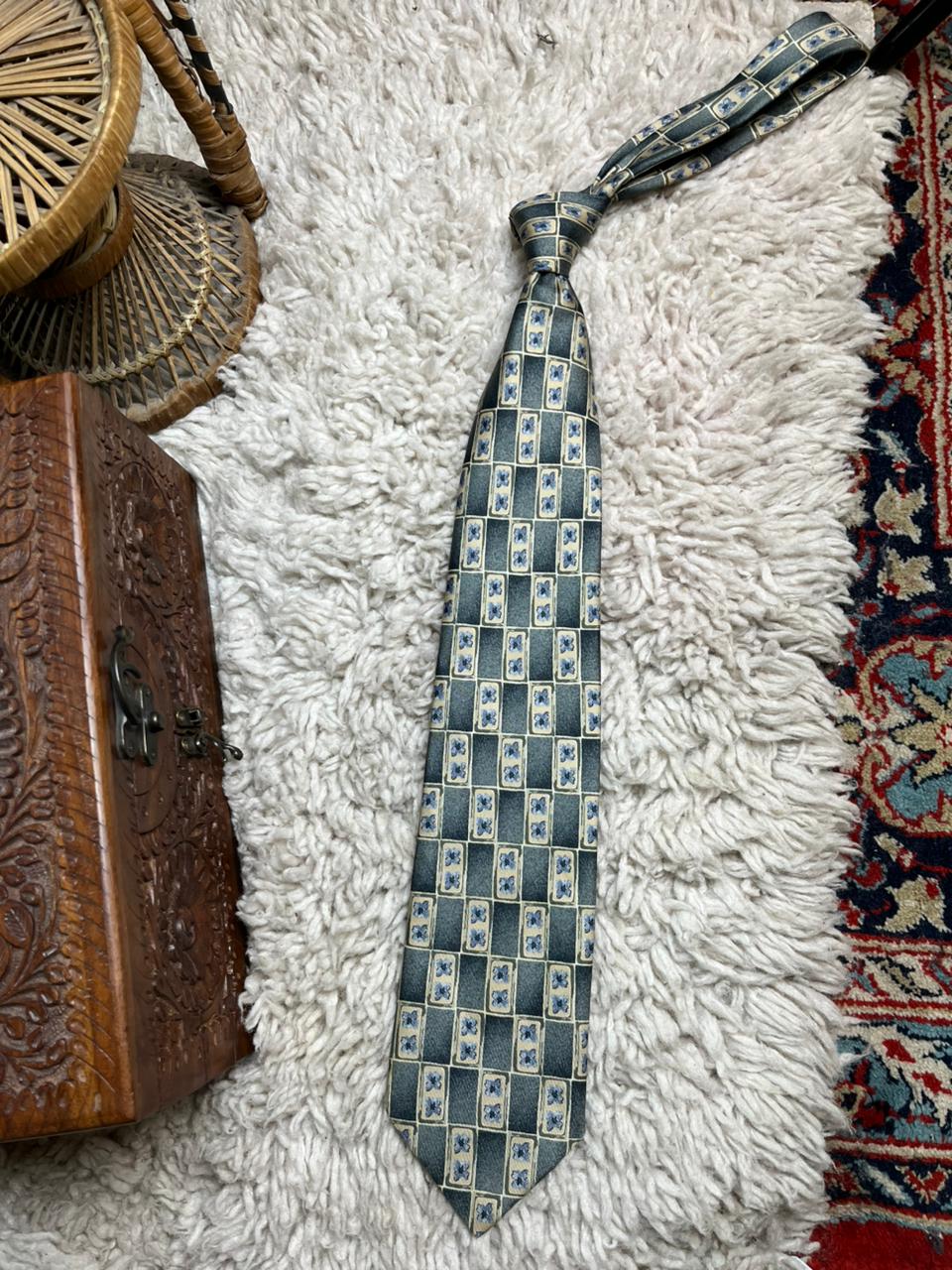 Marks & Spencer St Michael Pure Silk Tie Green Grey Geometric Floral Square